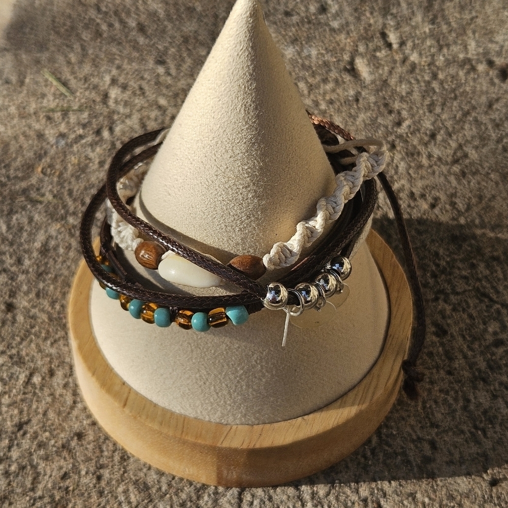 Bohemian Multi-Layer Bracelet Set Brown Shell Turquoise Blue Brown Leather